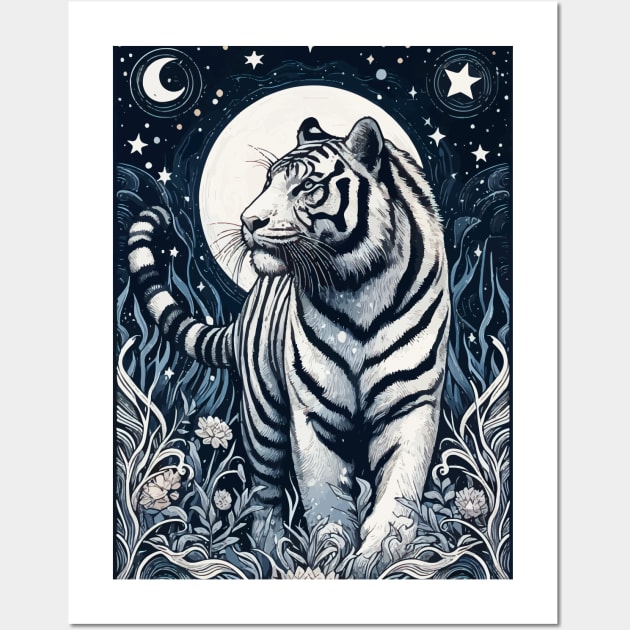 Monochromatic White Tiger In Jungle At Night Wall Art by TomFrontierArt